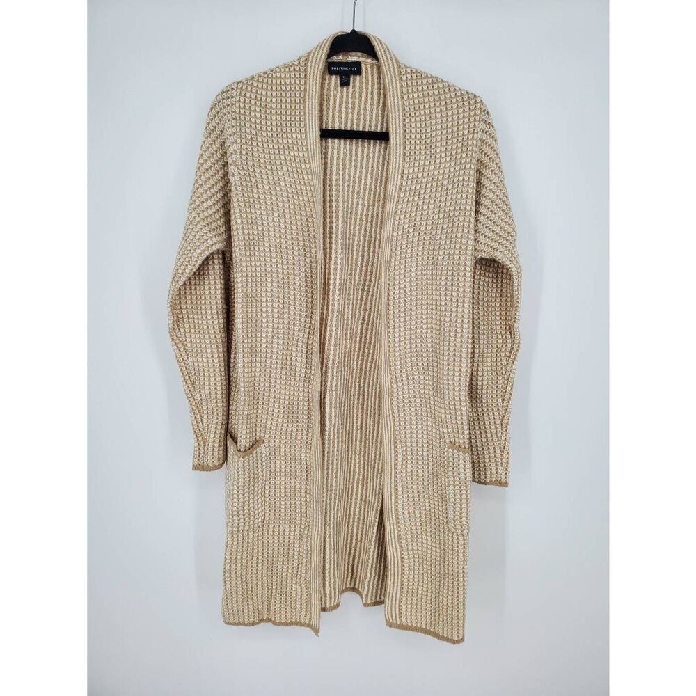 Fortune + Ivy Women's long line open front duster cardigan tan white Size Large